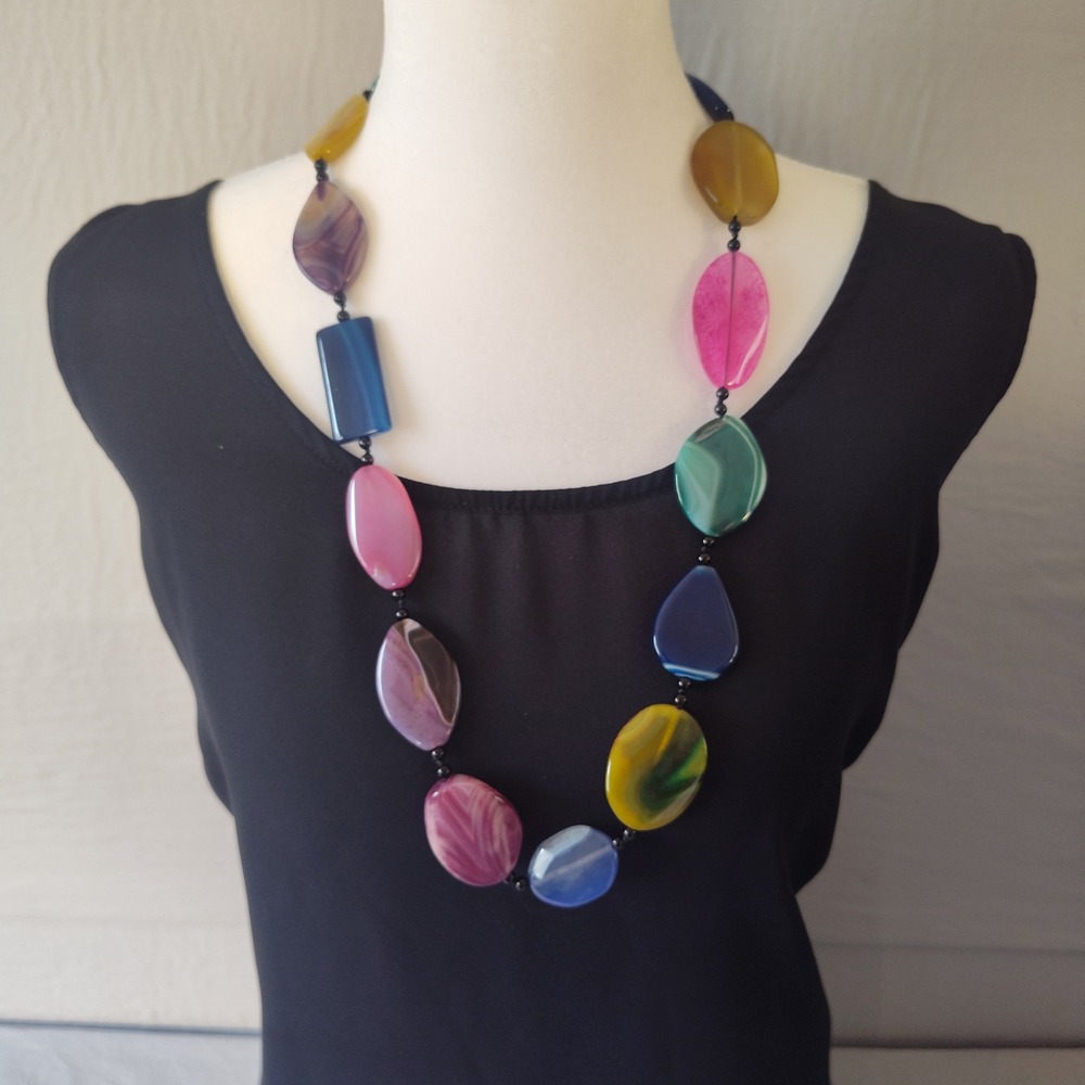 Multi Color Agate Stone Chunky Statement Necklace Boho Beaded Adjustable 20 Inch